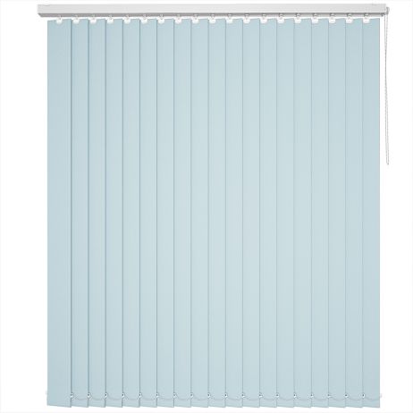A light blue coloured vertical blind in a kitchen