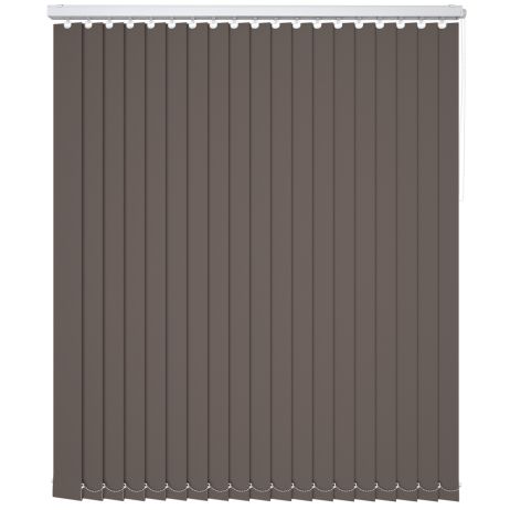 A brown coloured blackout vertical blind in a window