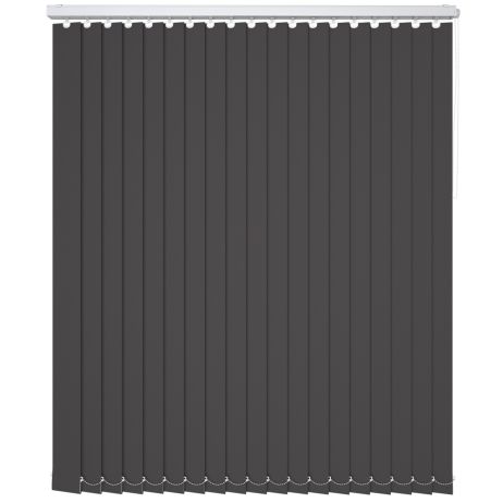 A black coloured blackout vertical blind in a window