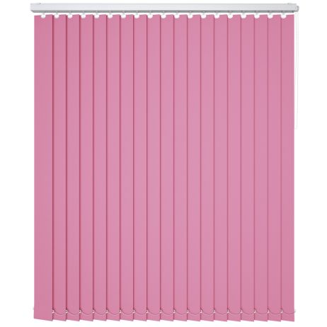 A pink coloured blackout vertical blind in a window