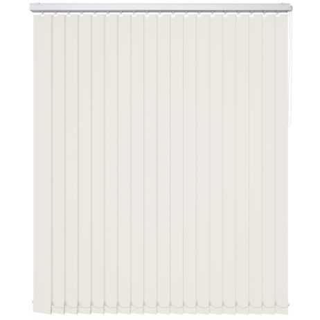 A cream coloured blackout vertical blind in a window