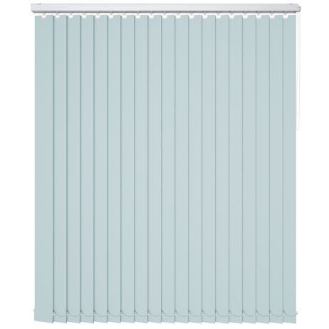 A light blue coloured blackout vertical blind in a window