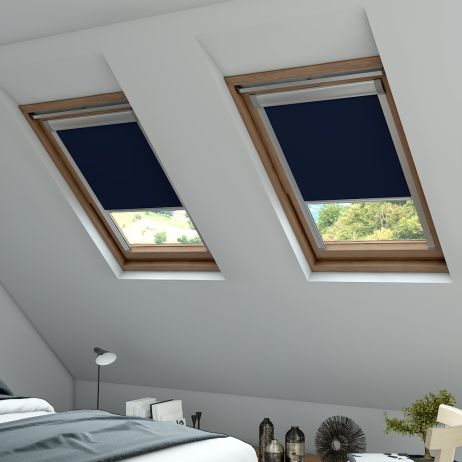A side on image of a dark blue coloured skylight blind in a skylight window