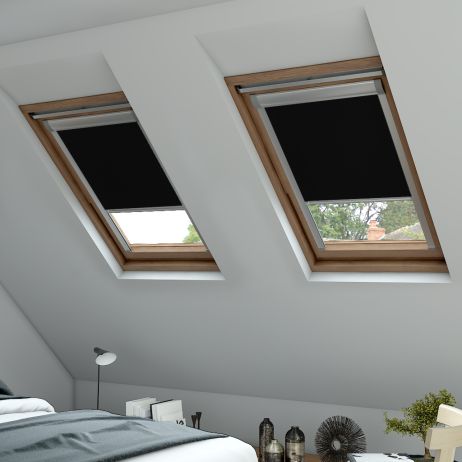 A side on view of a black skylight blind in a skylight window