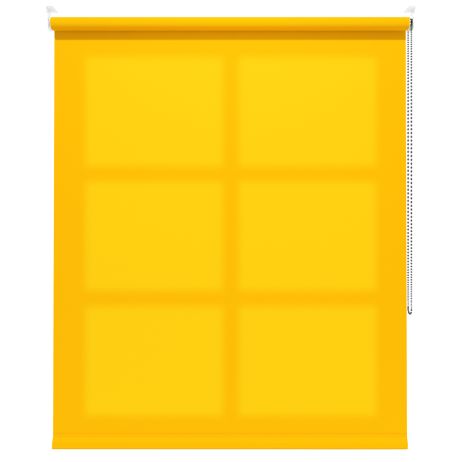 A yellow dimout roller blind in a window