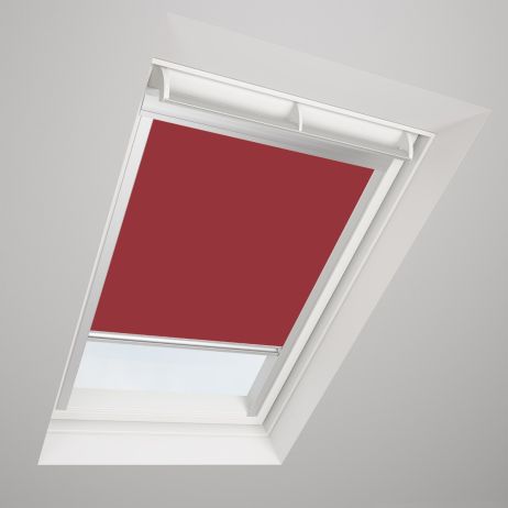 A close up of a red skylight blind in a window