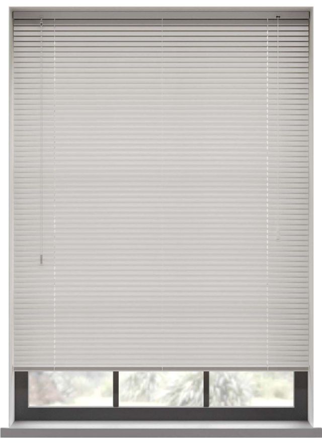 A darker grey aluminium blind in the bathroom window