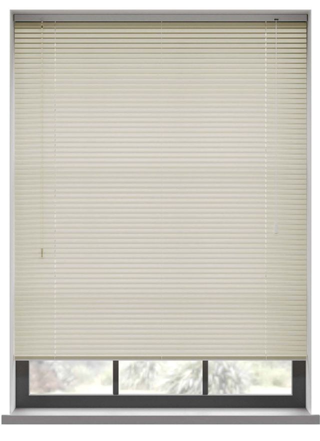 A beige aluminium blind in a kitchen window