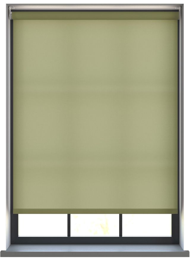 A green dimout roller blind in a window