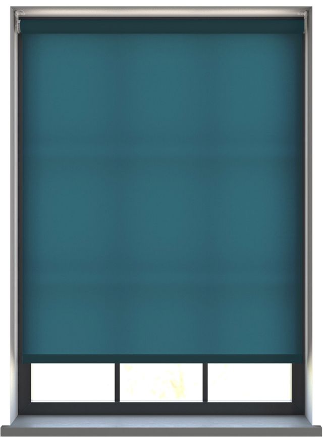 Our Burst Ocean Grean dimout roller blind in a living room window.