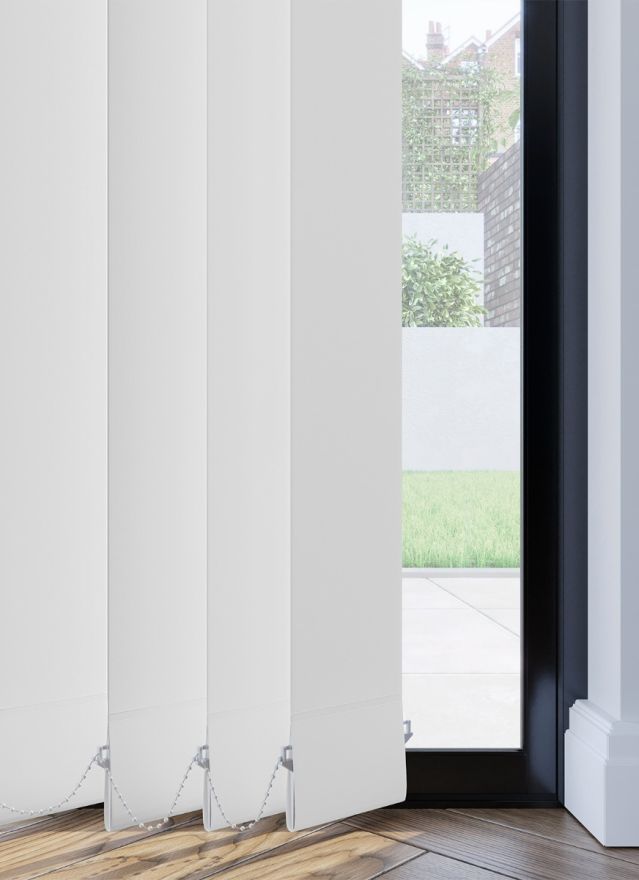 A white vertical blind in a bathroom window