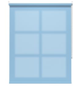 Our Burst Sky Blue dimout Roller blind in a living room window.