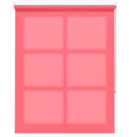 A pink dimout roller blind in a window
