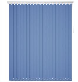 A rich blue coloured vertical blind in a kitchen