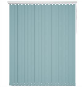 A blue vertical blind in a bathroom window
