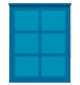 A blue dimout roller blind in a window