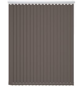 A brown coloured blackout vertical blind in a window