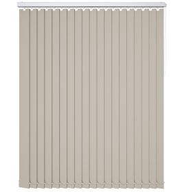 A pale brown coloured blackout vertical blind in a window