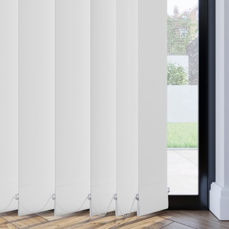 A white vertical blind in a bathroom window