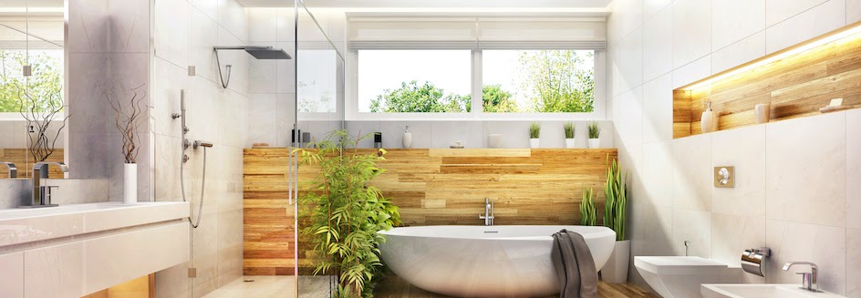 A modern bathroom with roller blinds as the bathroom blinds