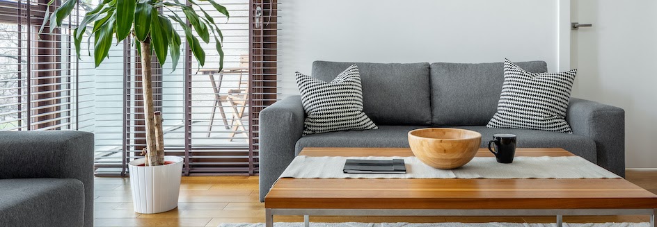 Blinds on patio doors in living room