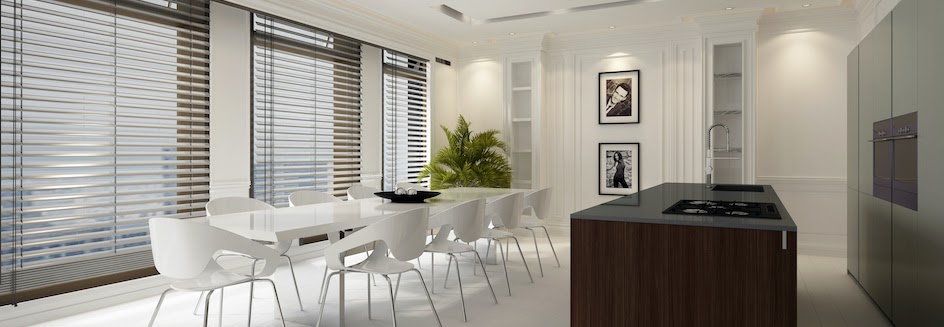 Fitted blinds in a beautiful, modern kitchen