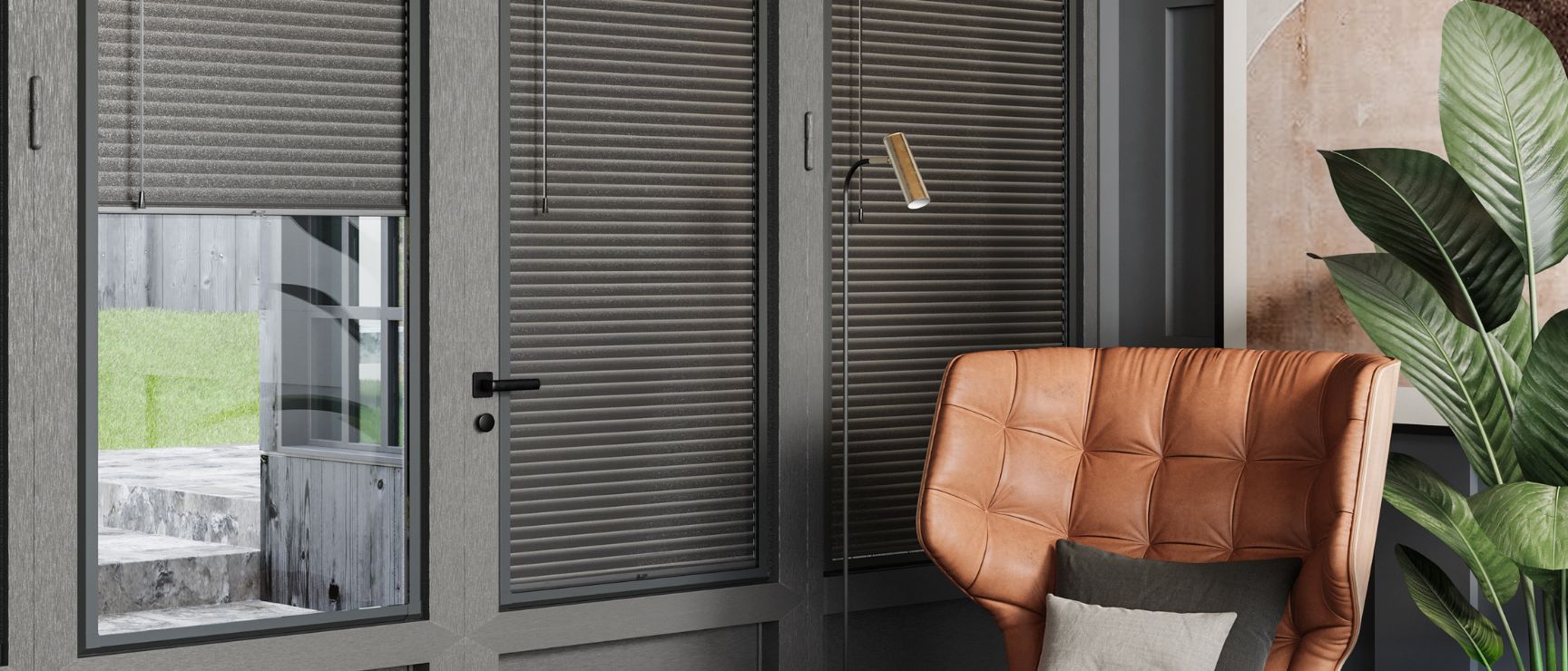 Door blinds in grey and white room