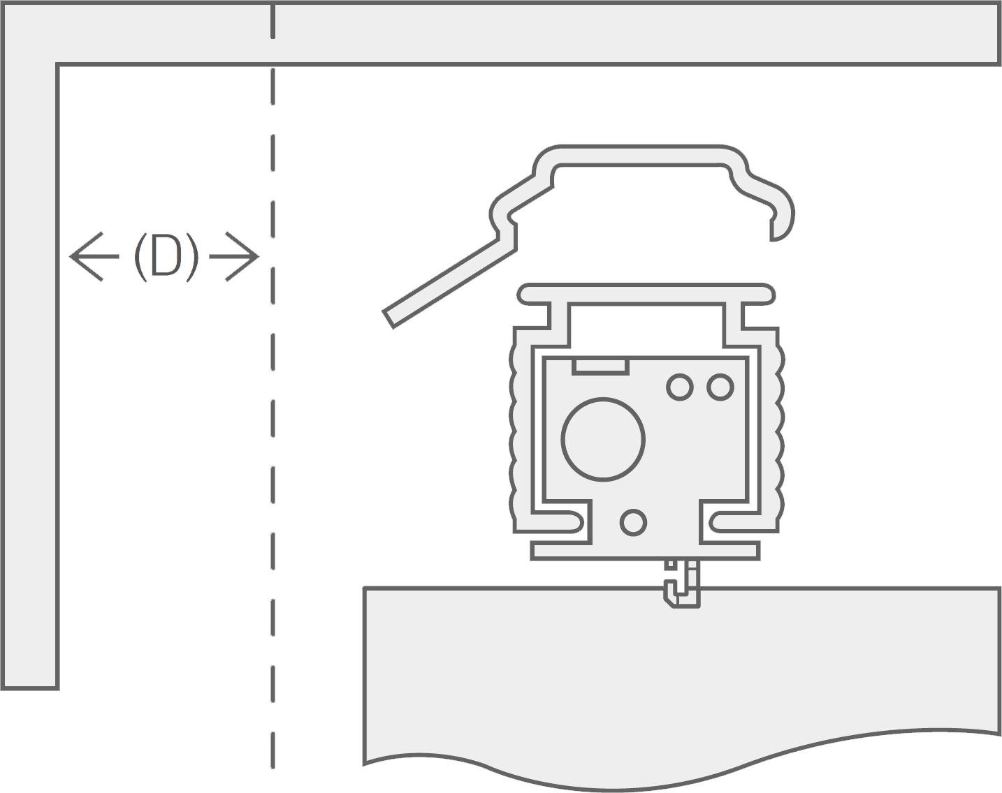 A cross section view of the top of a vertical blind headrail 